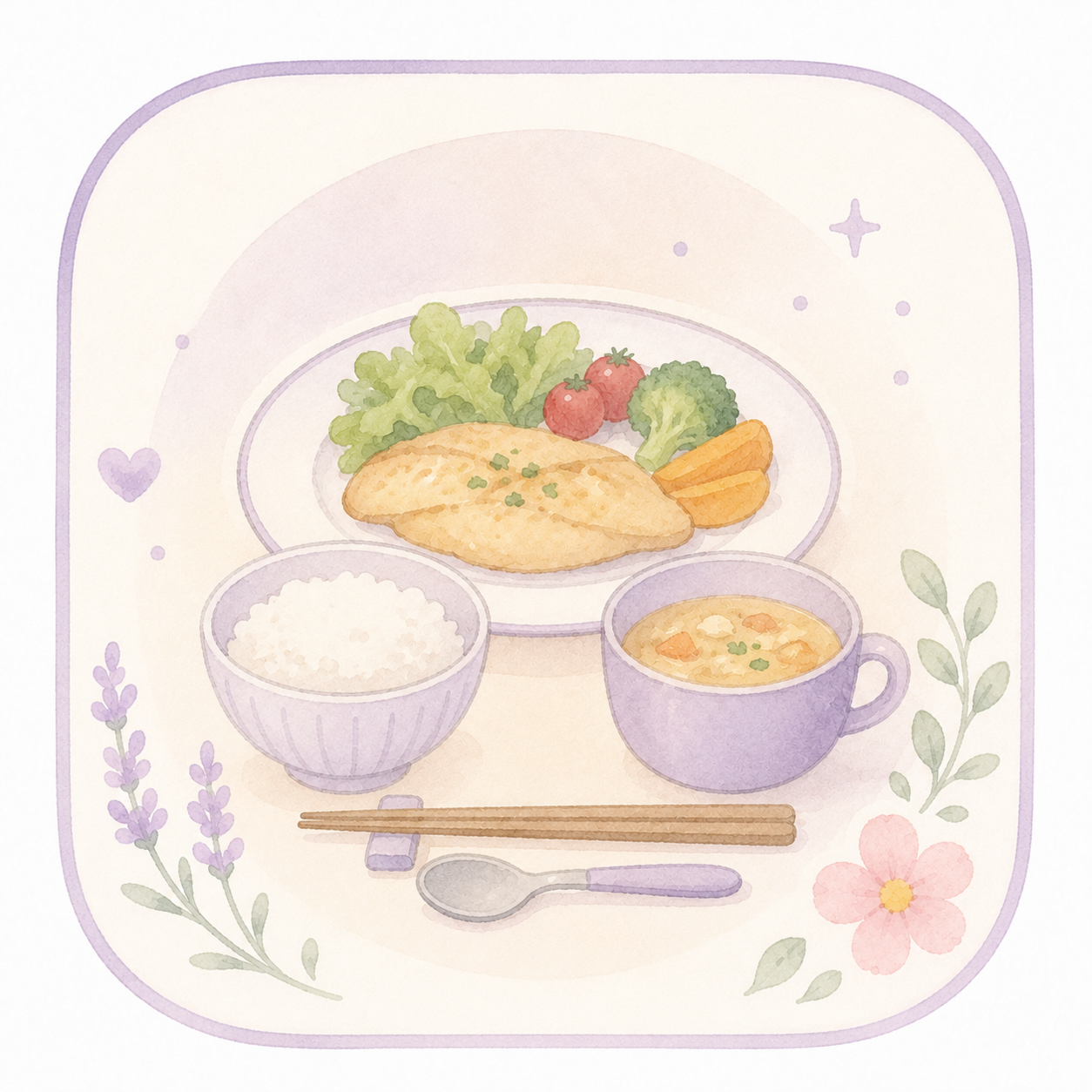 食事を表すやさしいラベンダー色のイラスト